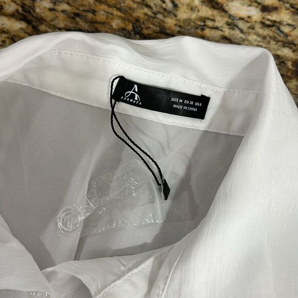 Anewsta White Long Sleeve Pleats Hip Band Mini Dress Size M - Picture 6 of 10